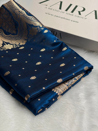 Banarasi German Blue Shades Booti Pattern Banarasi Satin Silk Saree SS64