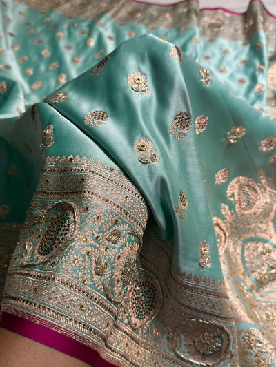 Sea Green Shades Booti Katan Silk Saree with Stone & Zardozi Work BSK12