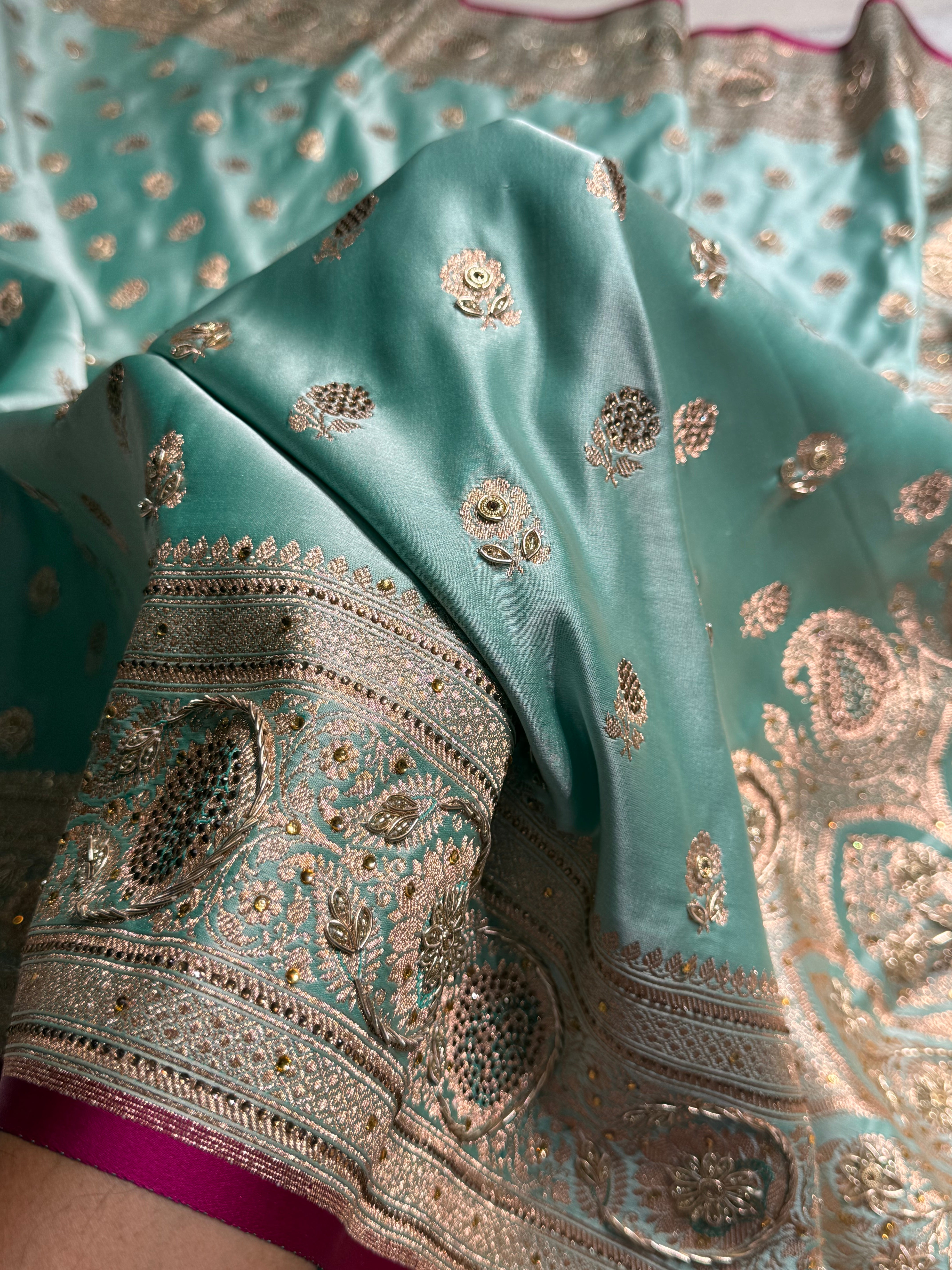 Sea Green Shades Booti Katan Silk Saree with Stone & Zardozi Work BSK12