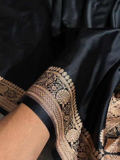 Banarasi Satin Katan Saree Floral Booti Pattern in Black Shades SK150