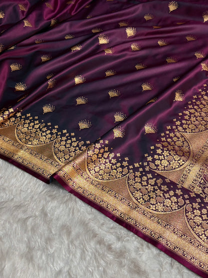 Cross Wine Floral Banasari Pattern Satin Katan Silk Saree SK83