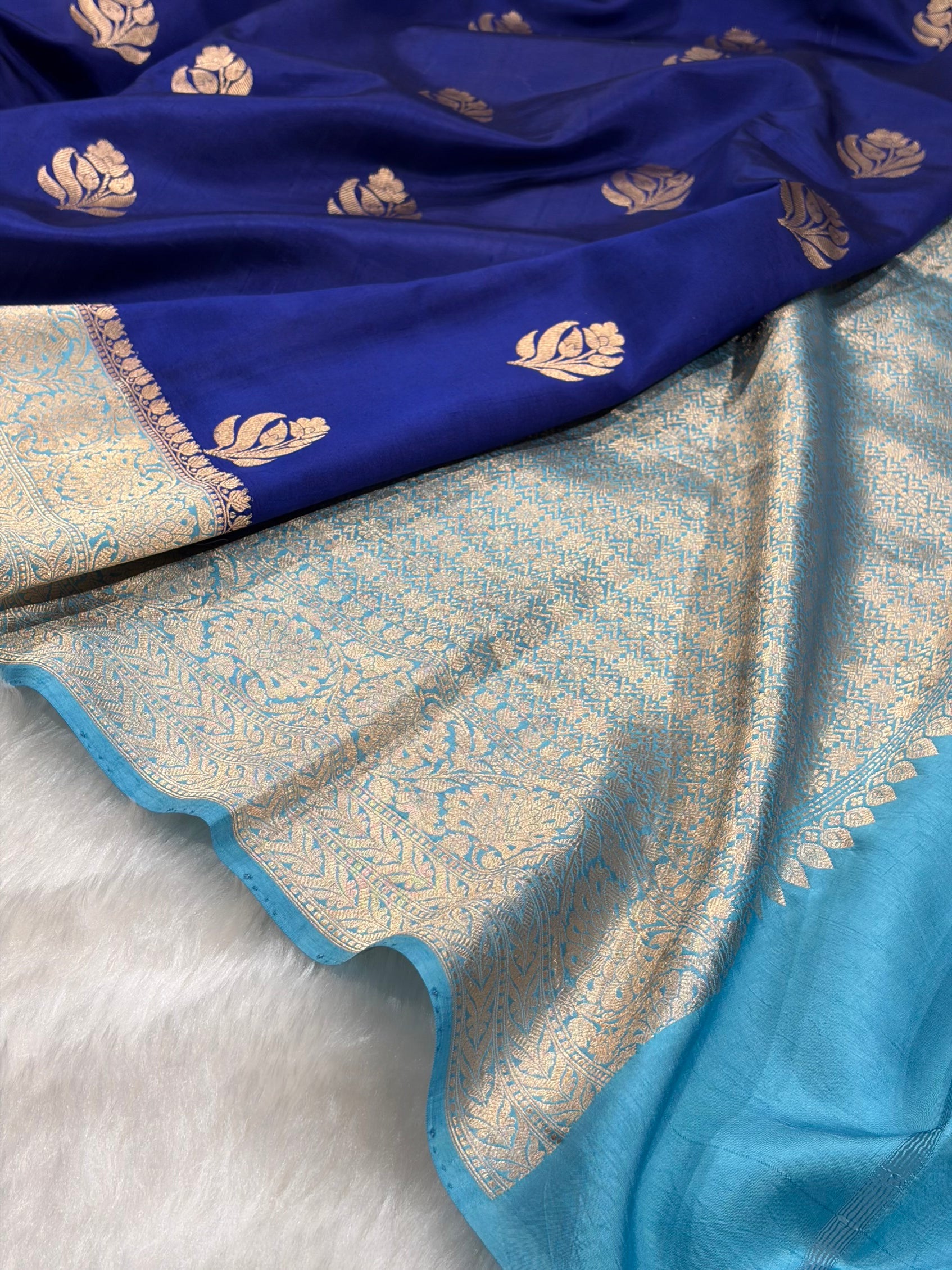 Banarasi Royal Blue With Sky Blue Contrast Shades Handwoven Pure Paper Silk Saree RM-91