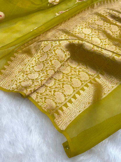 Pure Banarasi Organza Mehendi Green Shades With Minakari Floral Banarasi Silk Saree PO-26