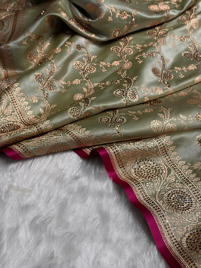 Pista Shades Cross With Swarovski Work Satin Katan Silk Saree BSK17