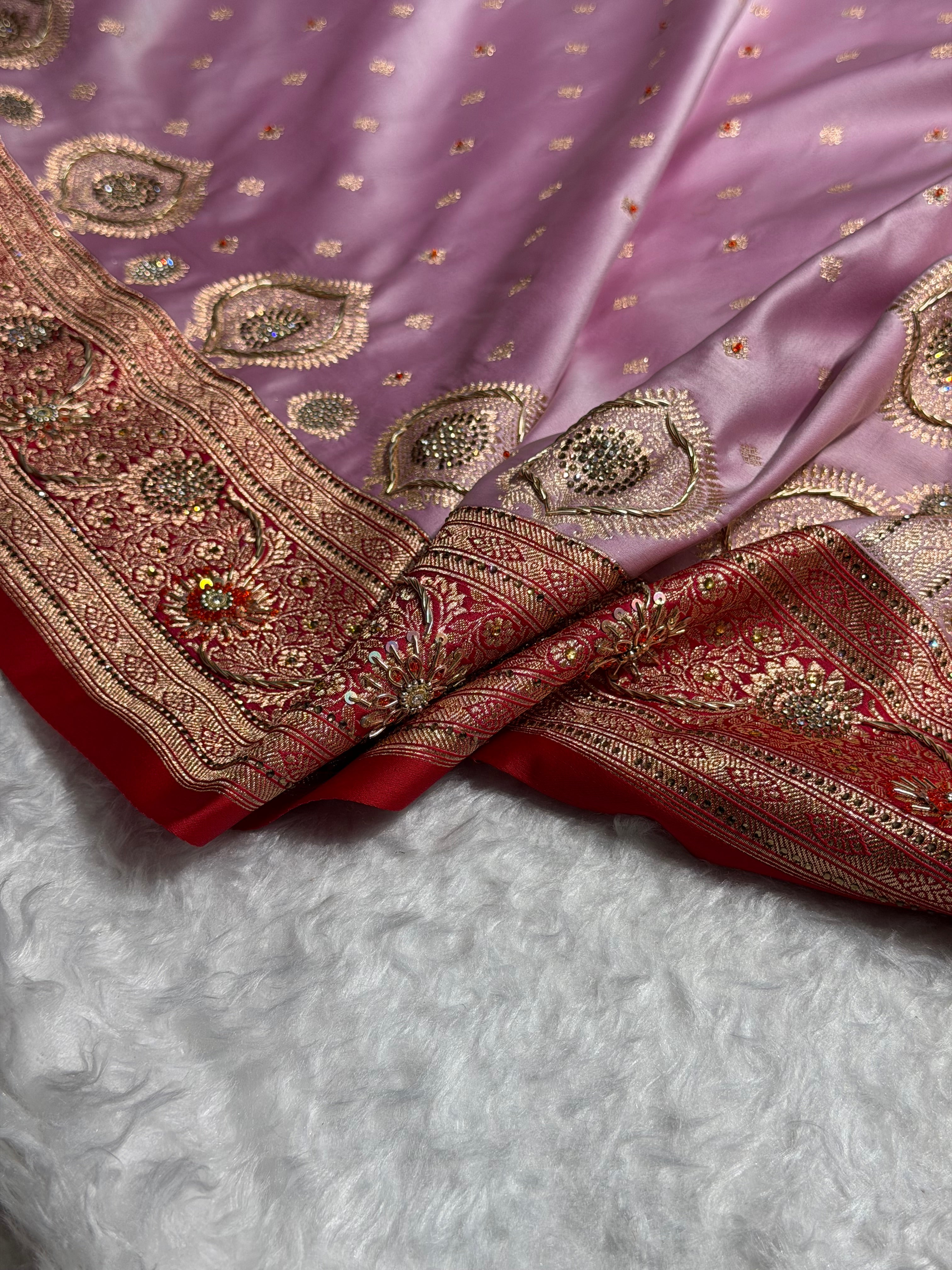 Lavender Red Contrast Booti With Ari & Zardozi Work Satin Katan Silk saree BSK29