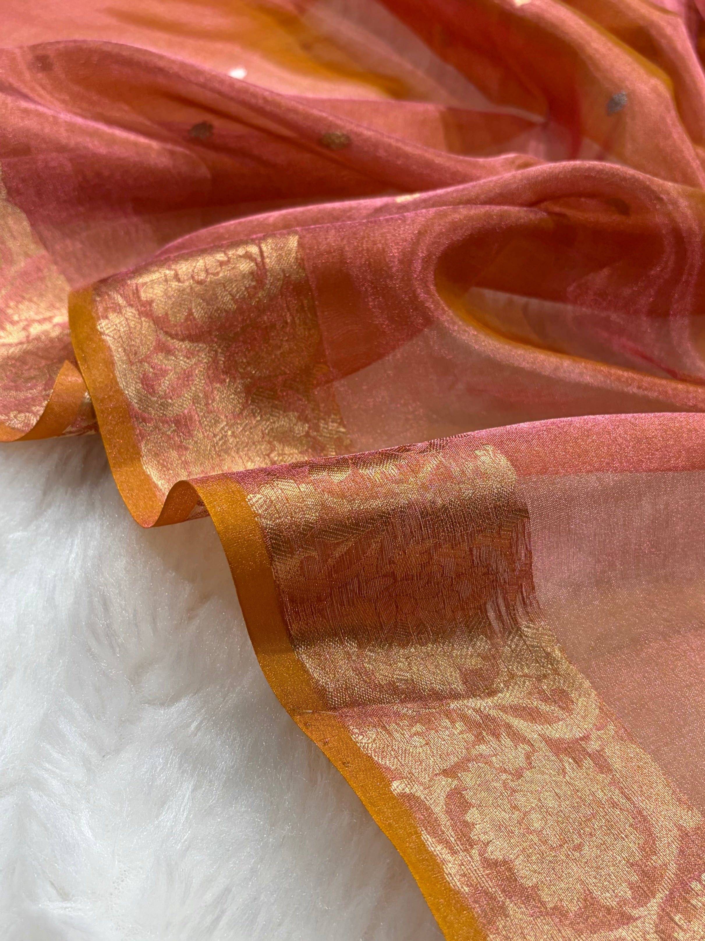 Cross Orange Bananasi Floral Shades Pure Tissue Silk Saree PT-42