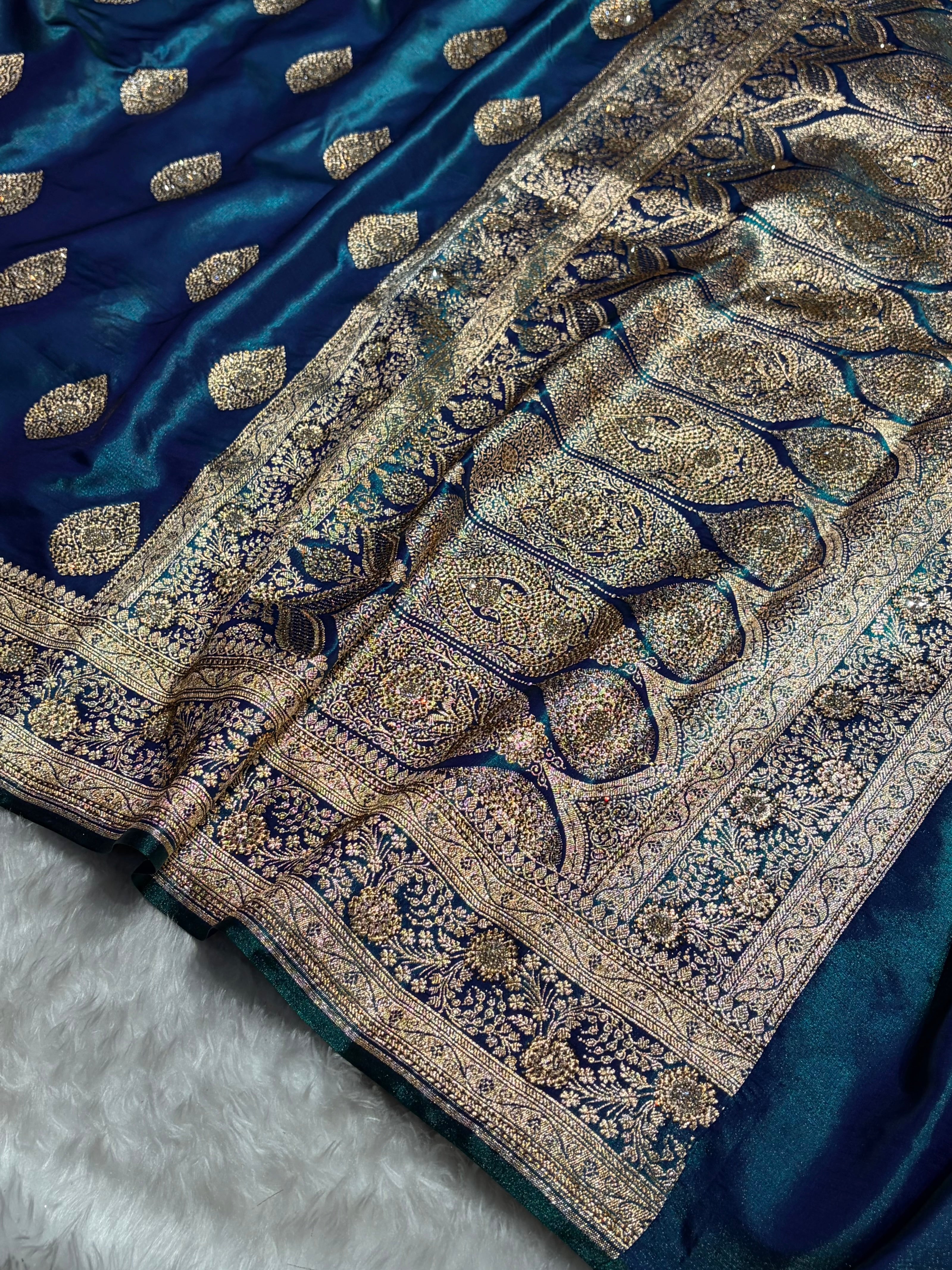 Peacock Shades Banarsi Satin Silk Boota with Stone Work