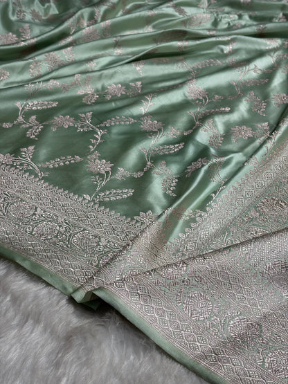 Light Pista Banarasi Jaal Mashru Silk Saree MS23