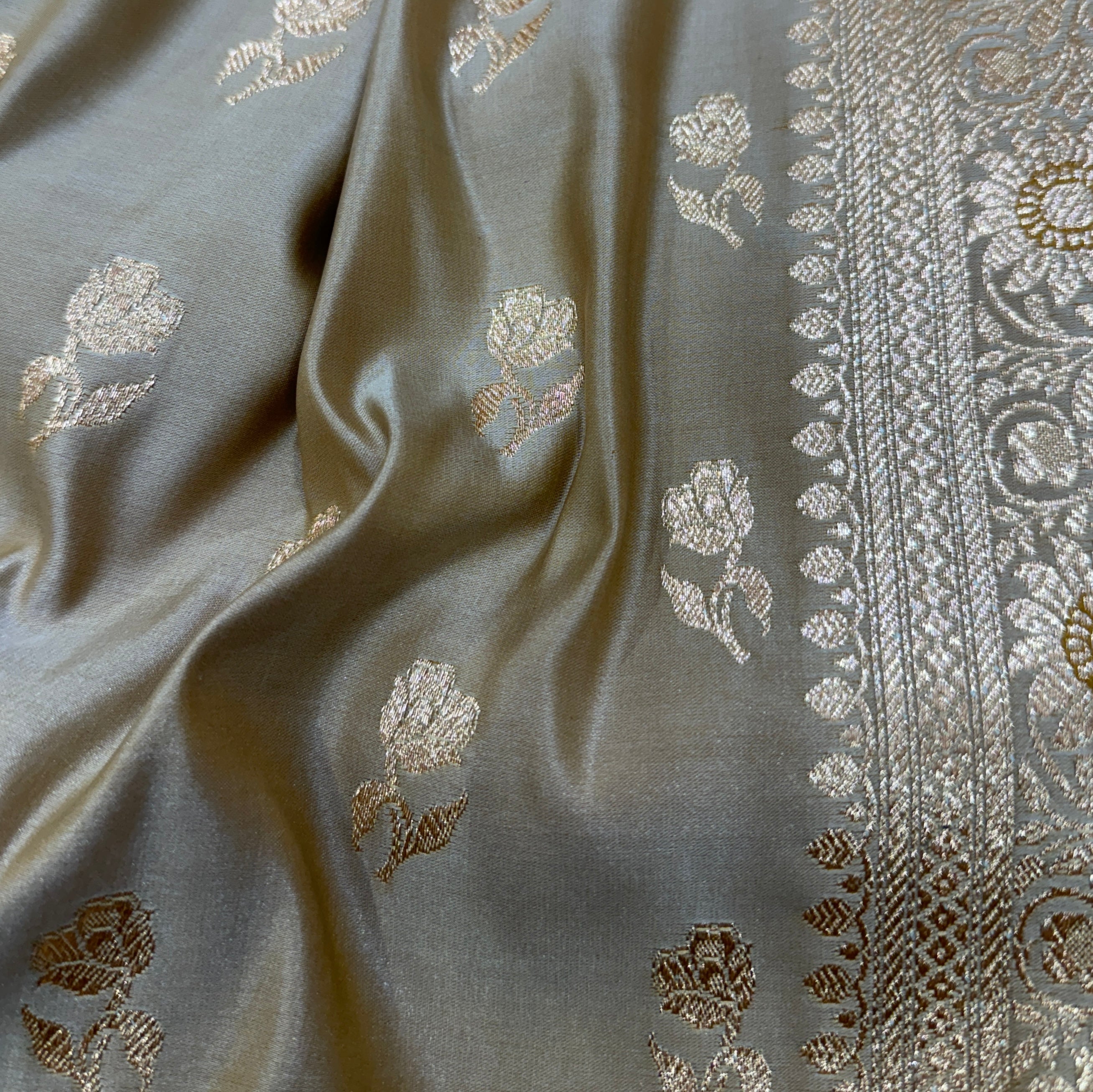 Beige Gold Floral Motif Satin Katan Silk Saree