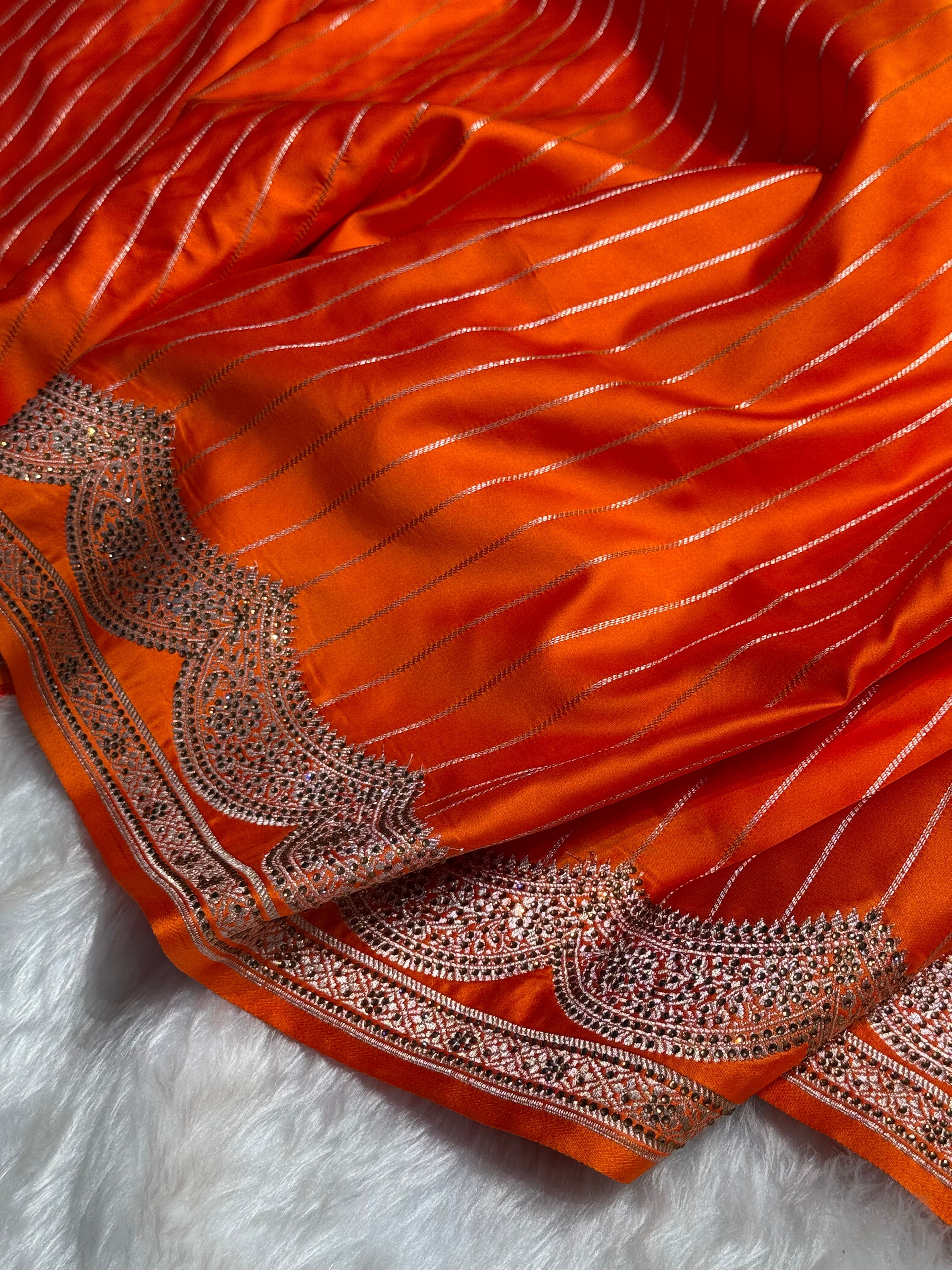 Orange Scallop Stripe Mashru Silk with Swarovski work