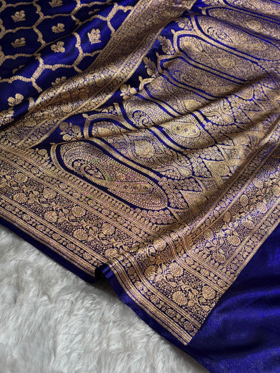Royal Blue Shades Jaal Pattern Banarasi Satin Silk Saree SS57