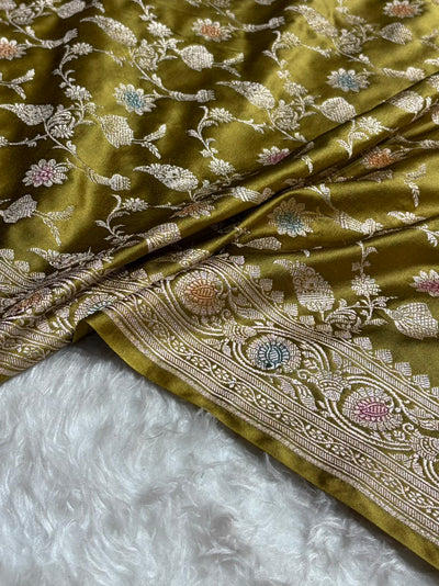 Olive Green Shades In Banarasi Minakari Jaal Mashru Silk Saree MCS42