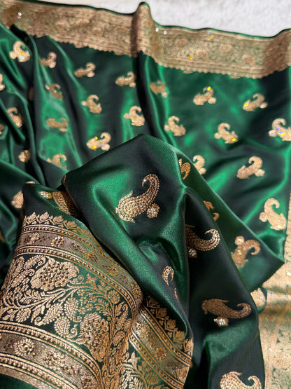 Satin Silk Saree Tredition Banarasi Swarovski Work Floral Boota in Bottle Green Shades BSS27