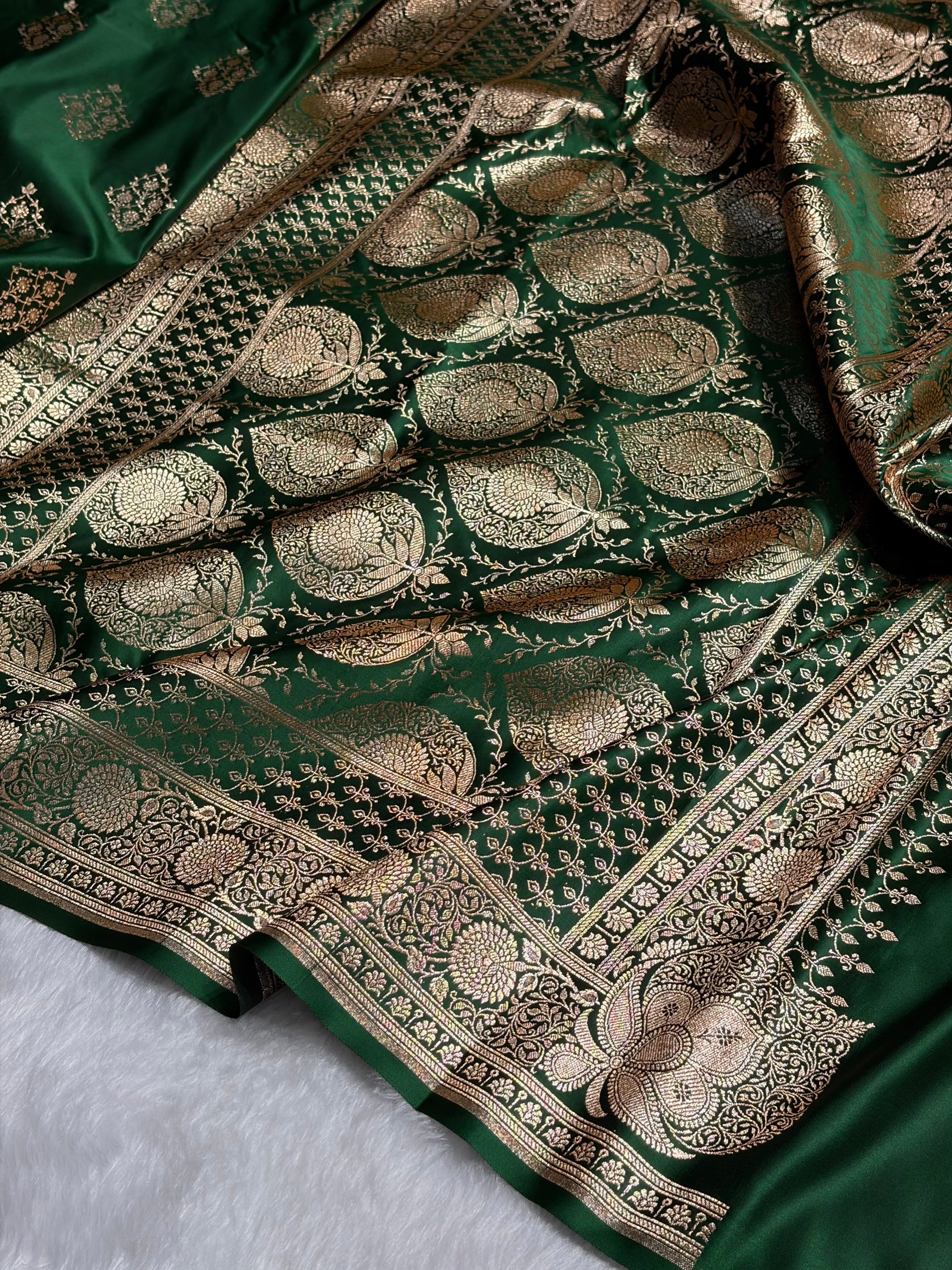 Bottle Green Floral Boota Satin Katan Silk saree SK35