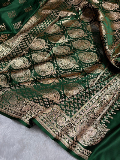 Bottle Green Floral Boota Satin Katan Silk saree SK35
