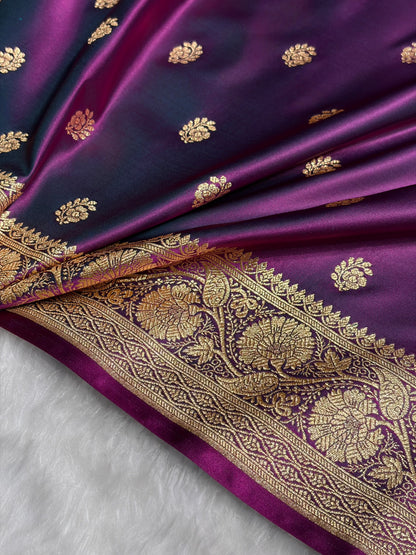 Wine Floral Boota Pattern Satin Katan Silk Saree SK72
