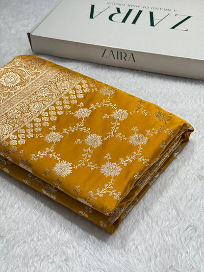 Mustard Banarasi Jaal Katan Silk Saree