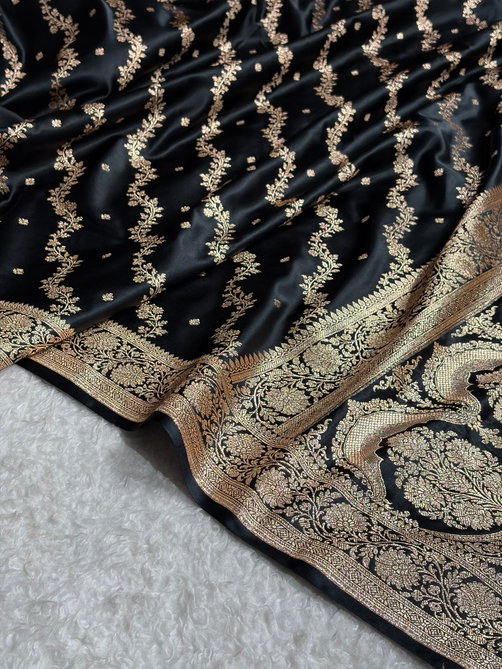 Banarasi Satin Katan Saree With Boota in Black Shades SK108
