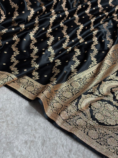 Banarasi Satin Katan Saree With Boota in Black Shades SK108