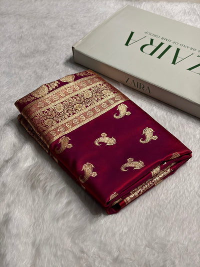 Satin Silk Saree Floral Boota in Reddish Magenta Shades SS27