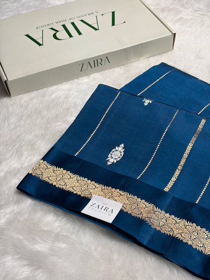 German Blue Shades Boota Handwoven Pure Katan Raw Mango Silk RM-37