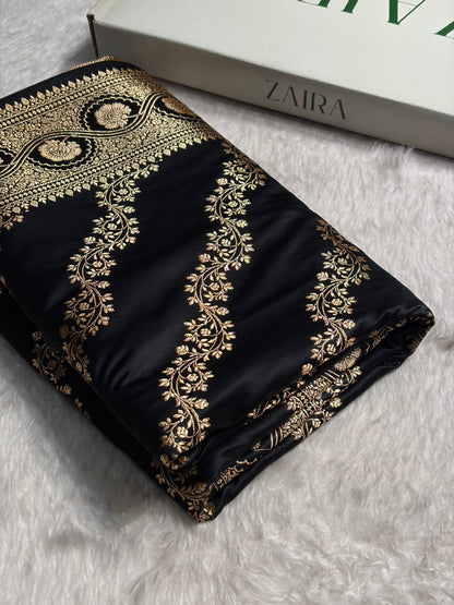 Black Floral Cross Pattern Satin Katan Silk Saree SK74
