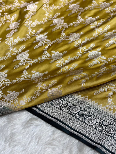 Contrast Dusty Mustard with Bottle Green Floral Jaal Mashru Silk Saree  MCS28