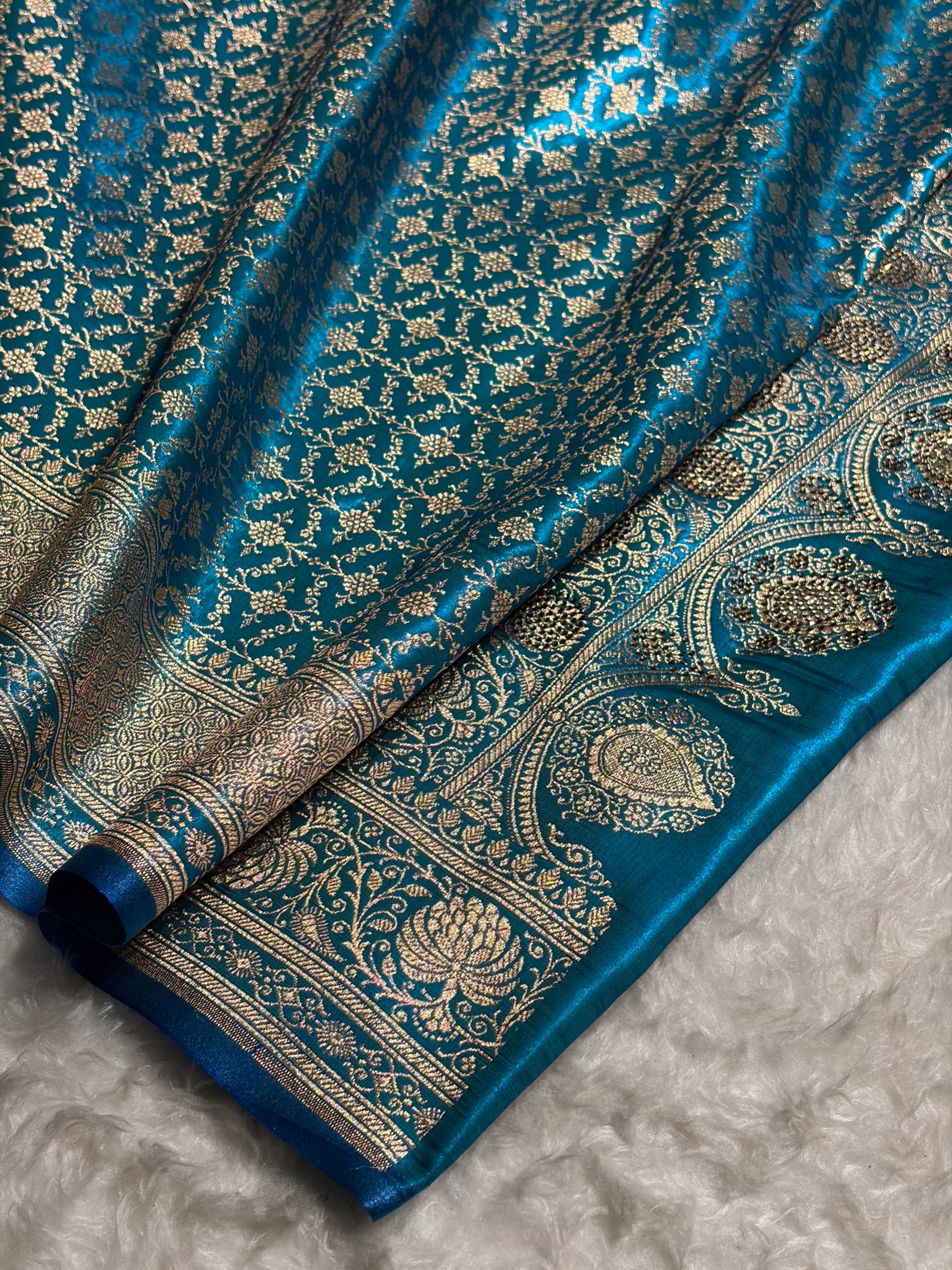 Satin Silk Saree Banarasi Swarovski Work Jaal in Firozi Shades BSS23 (R)