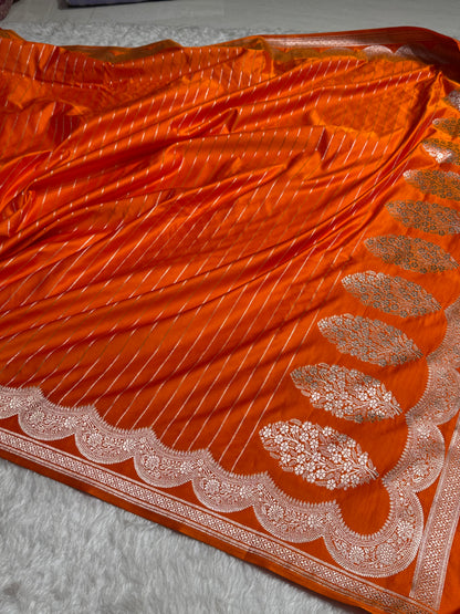 Orange Scallop Strip Mashru Silk Banarasi Saree