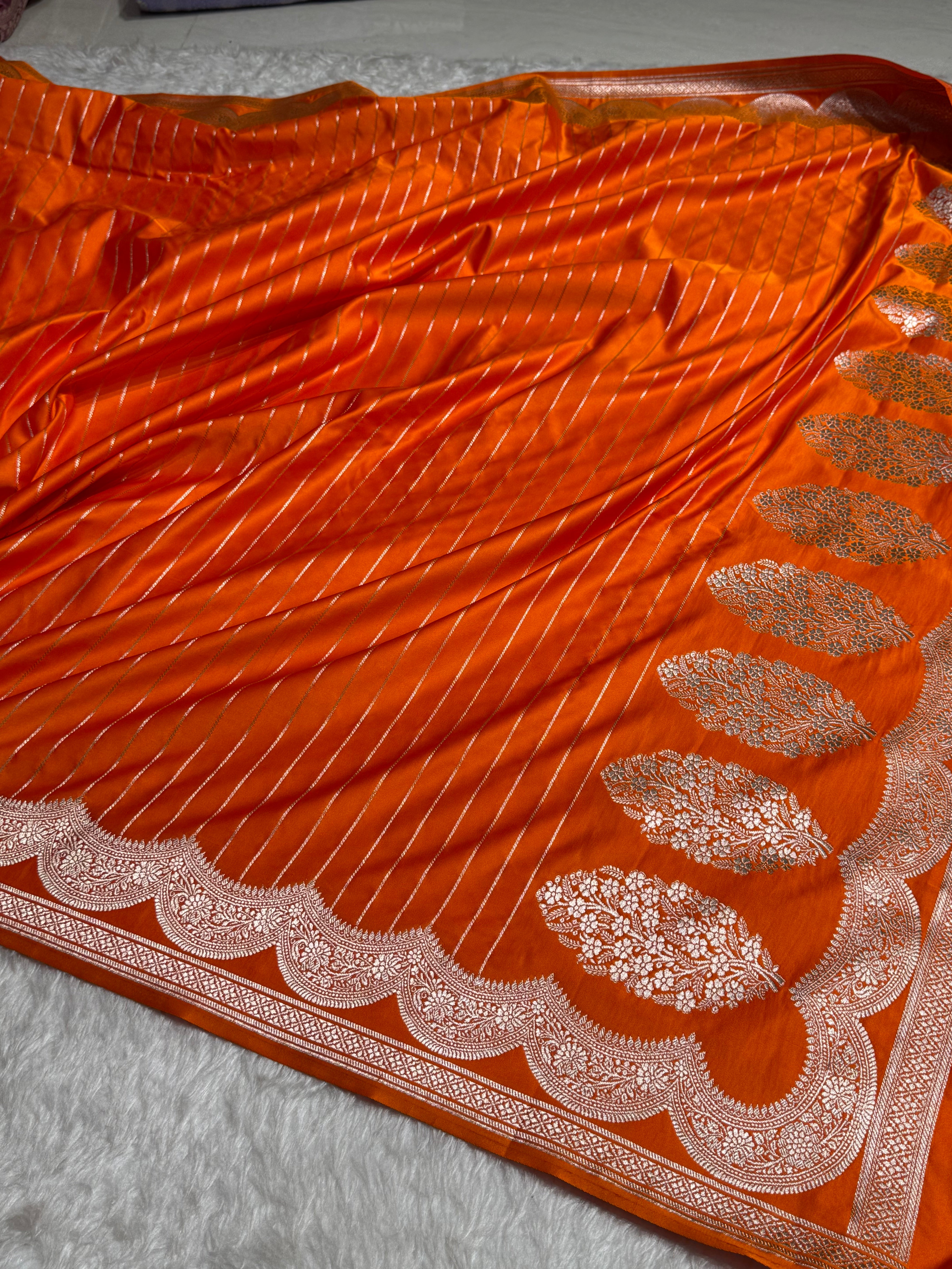 Orange Scallop Strip Mashru Silk Banarasi Saree