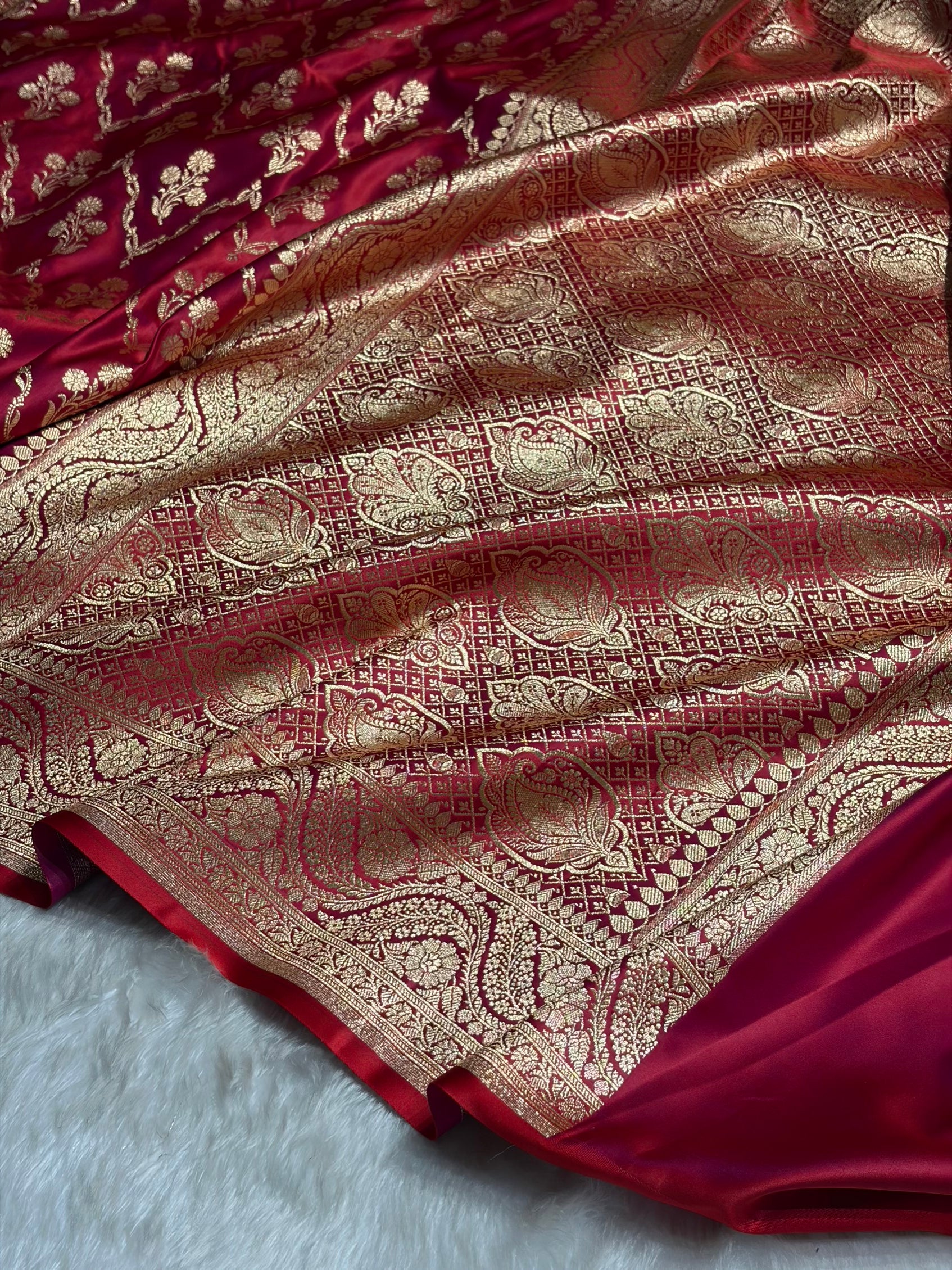 Megentic Red Cross with Boota Pattern Satin Katan Silk Saree SK67