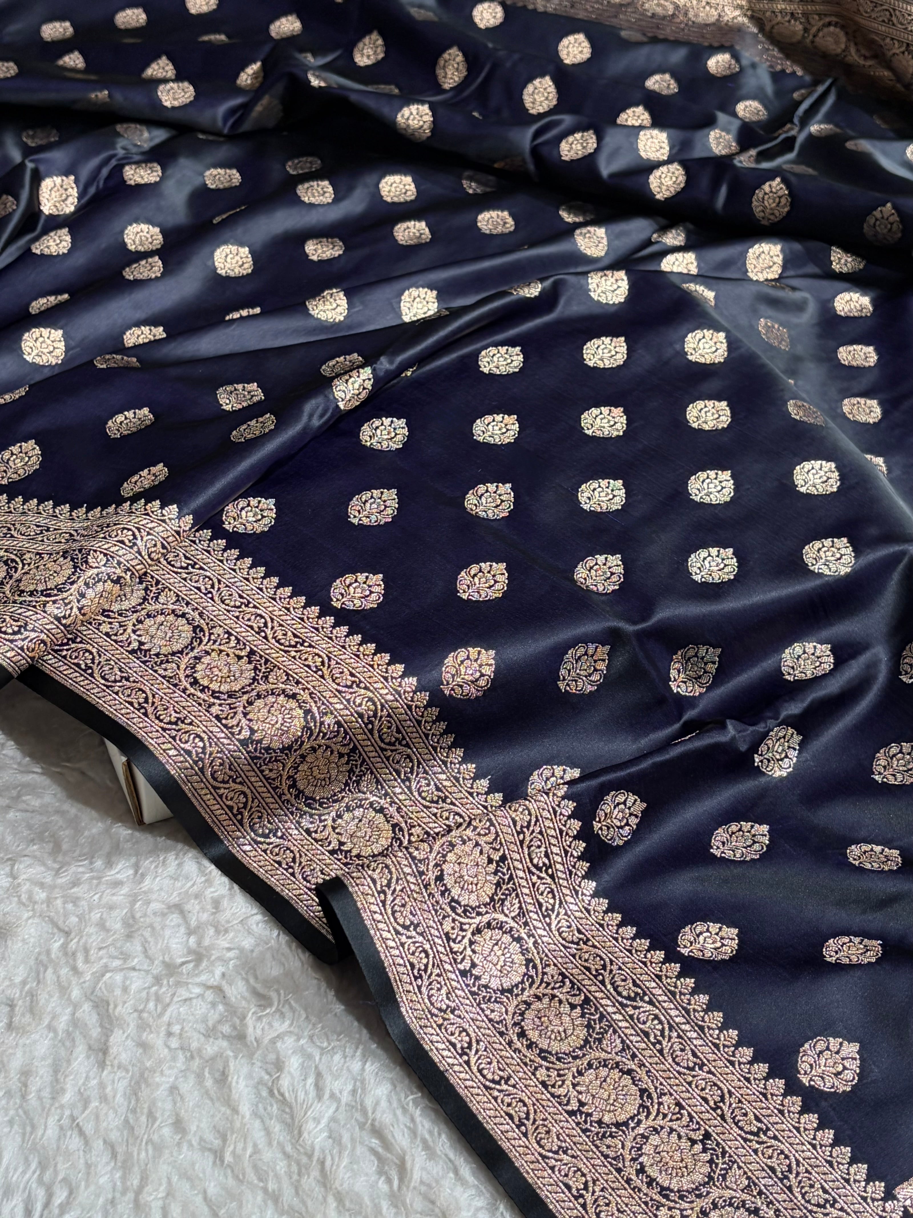Boota Katan Silk Saree In Dark Navy Blue Shades SK02
