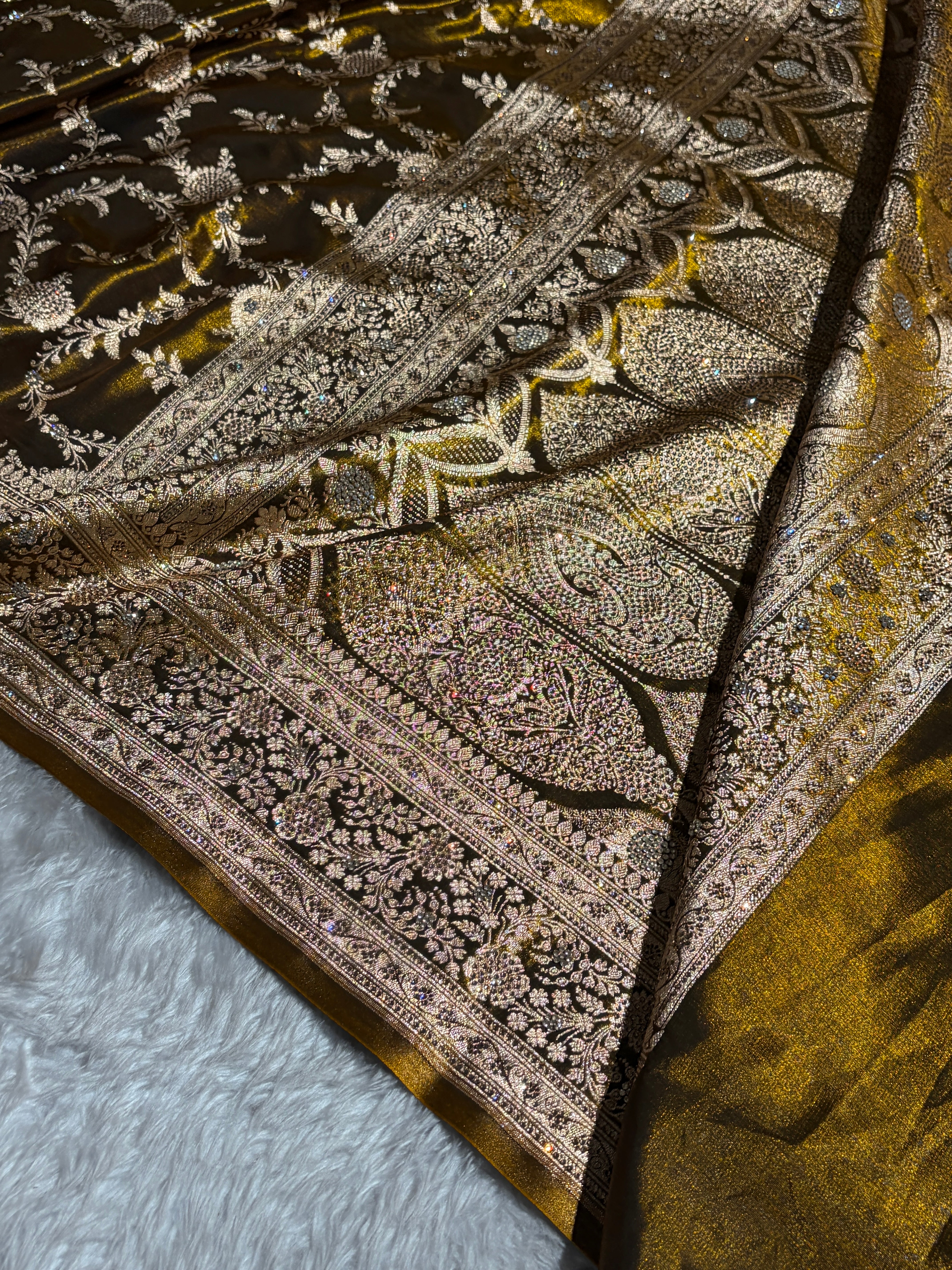 Light Weight Mehndi Gold Satin Silk Saree with Swarovski work BSS14