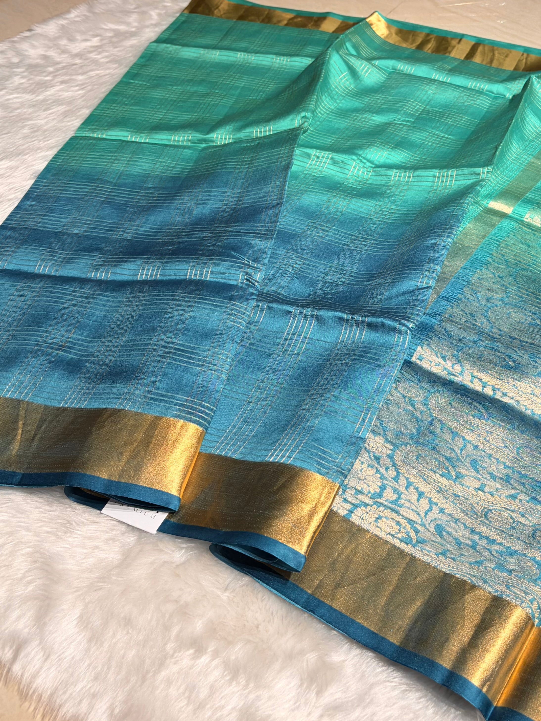 Ombré Ocean Blue Handwoven Pure Katan Raw Mango Silk RM-04
