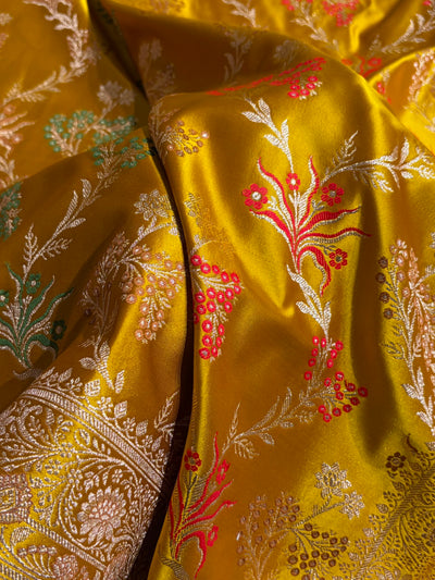 Banarasi Satin Katan Saree Floral Minakari Jaal Pattern in Mustard Shades SK151