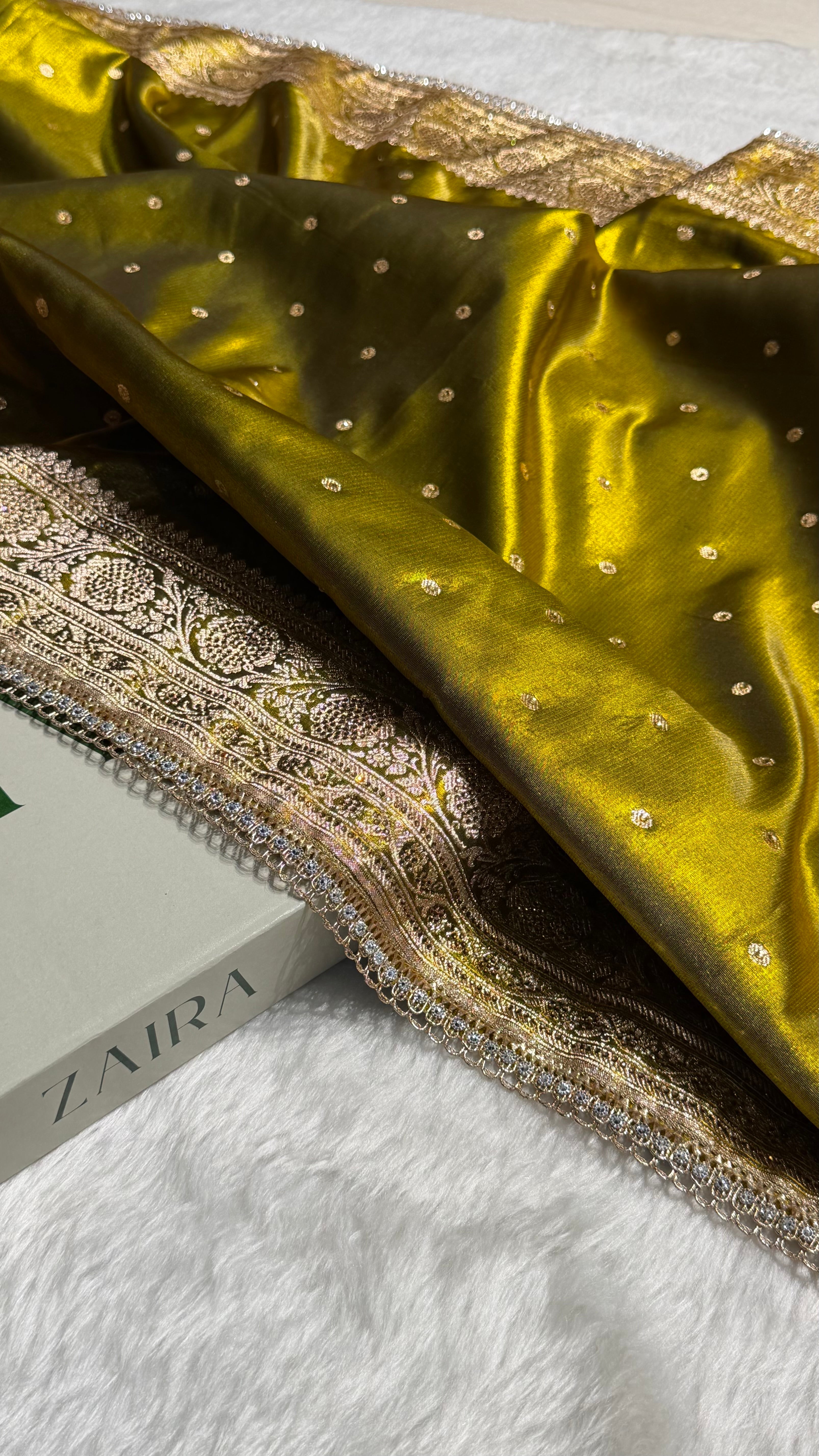 Satin Silk Dot Booti in Mehandi Shades with Swarovski work BSSGP08