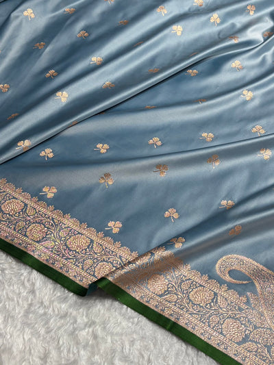 Banarasi Pastel German Blue Shades Booti Satin  Katan Silk Saree SK09
