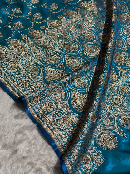 Satin Silk Saree Banarasi Swarovski Work Jaal in Firozi Shades BSS23 (R)