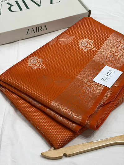 Orange Flower Booti Pure Caramel Silk Saree