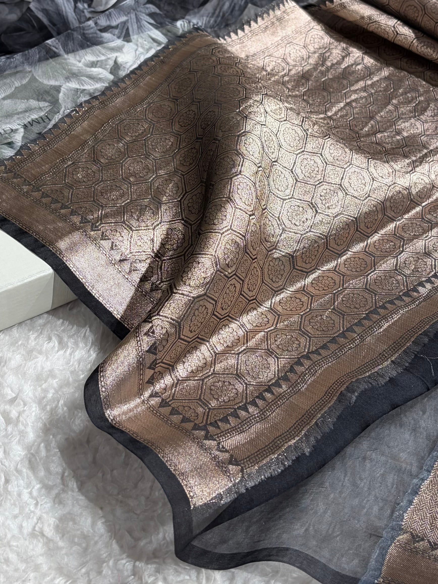 Black Organza with Pastel Multicolor Florals & Gold Zari Border POP12