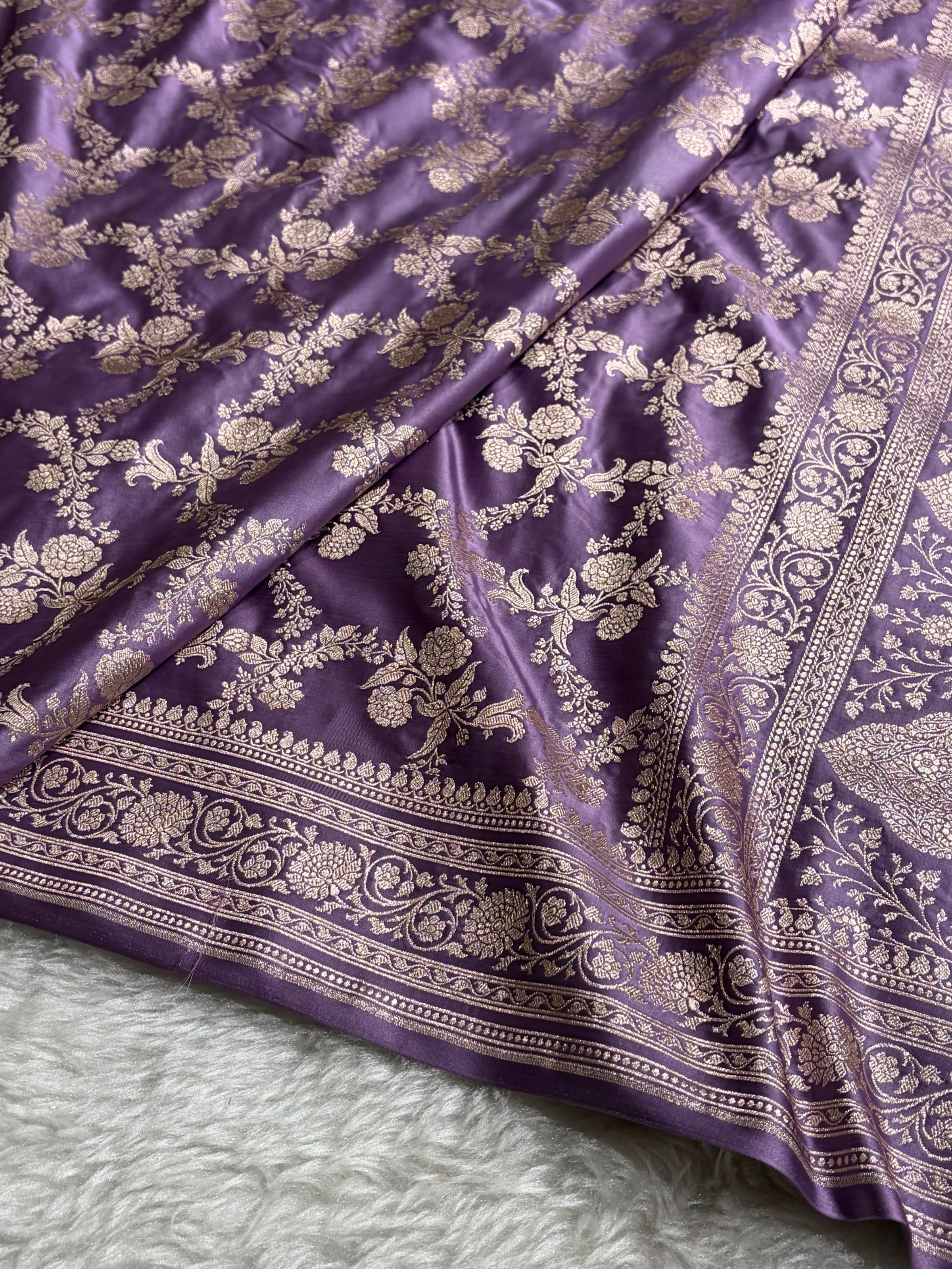 Dark Lavender Shades Banarasi With Floral Jaal Pattern Mashru Silk Saree MSM-130