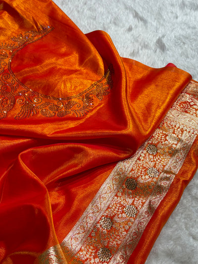 Light Weight Fire Gold Satin Silk Saree with Swarovski work BSS14