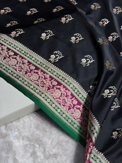 Banarasi Black With Contrast Rani Floral Border Mashru Silk Saree MSM-100