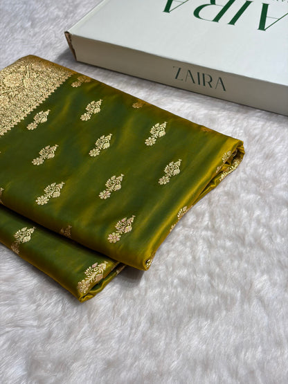 Liril Green Unique Boota Pattern Satin Katan Silk Saree SK68