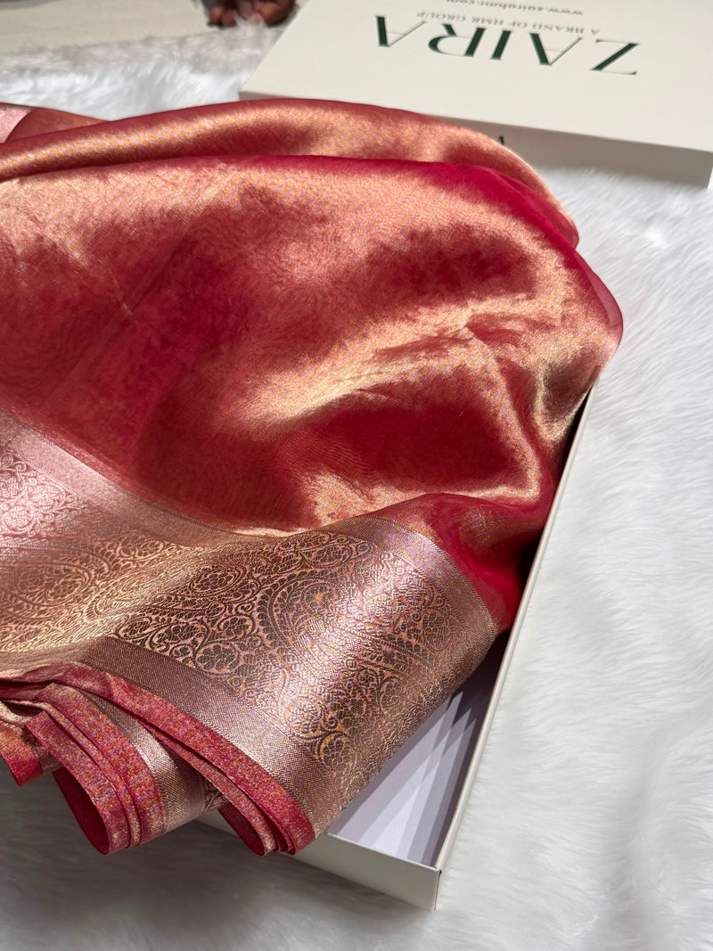 Gajiri Shades Tissue Bananasi Floral Pure Tissue Silk Saree PT-57