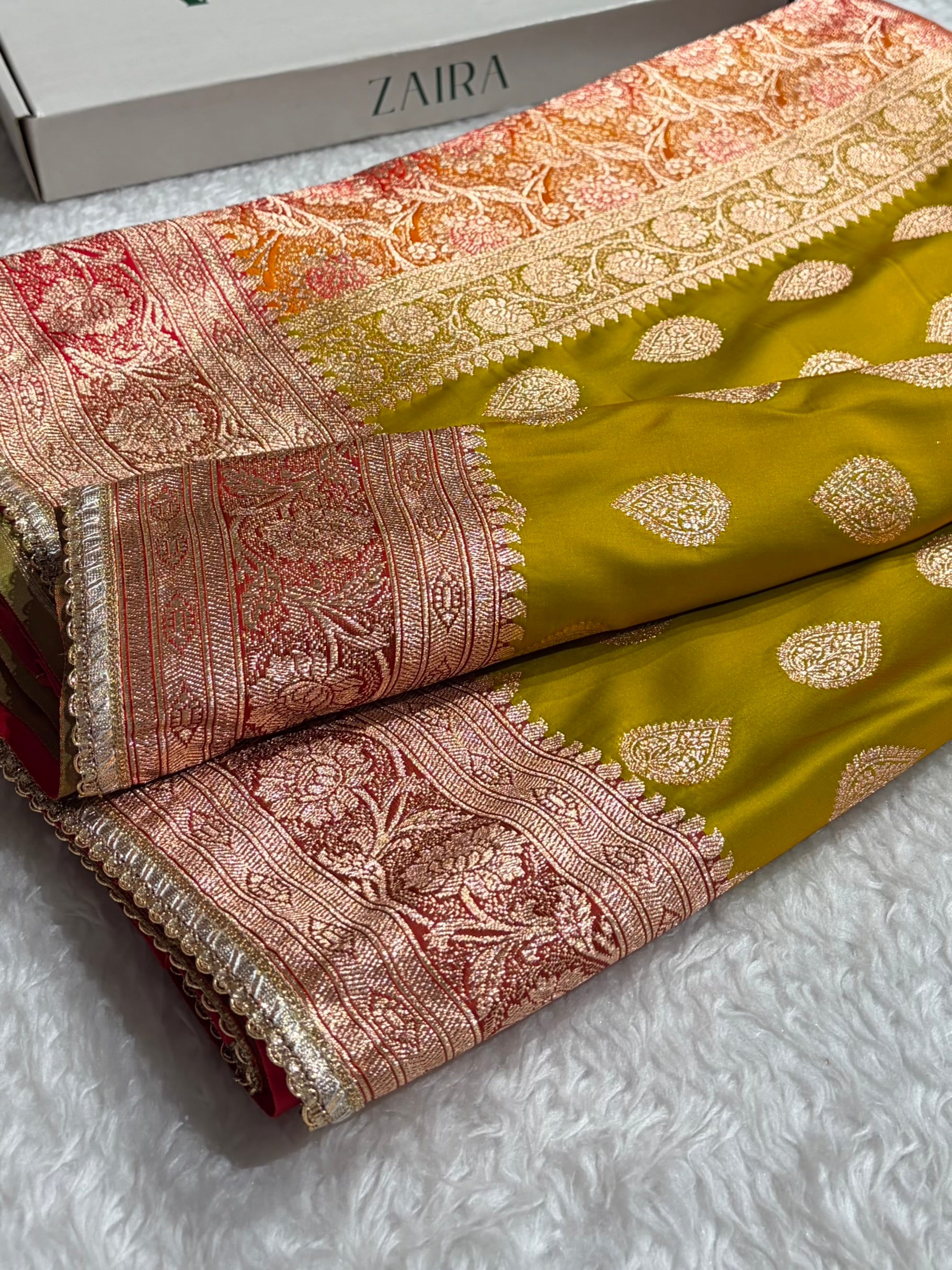 Olive Green-Red Contrast With Banarasi Gotta Patti Boota Katan Silk Saree SKMGP14