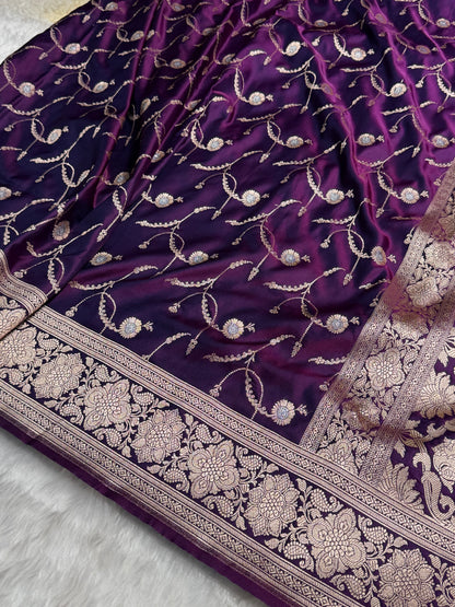 Wine Shades Banarasi Jaal Pattern Floral Minakari Mashru Silk Saree MSM-103