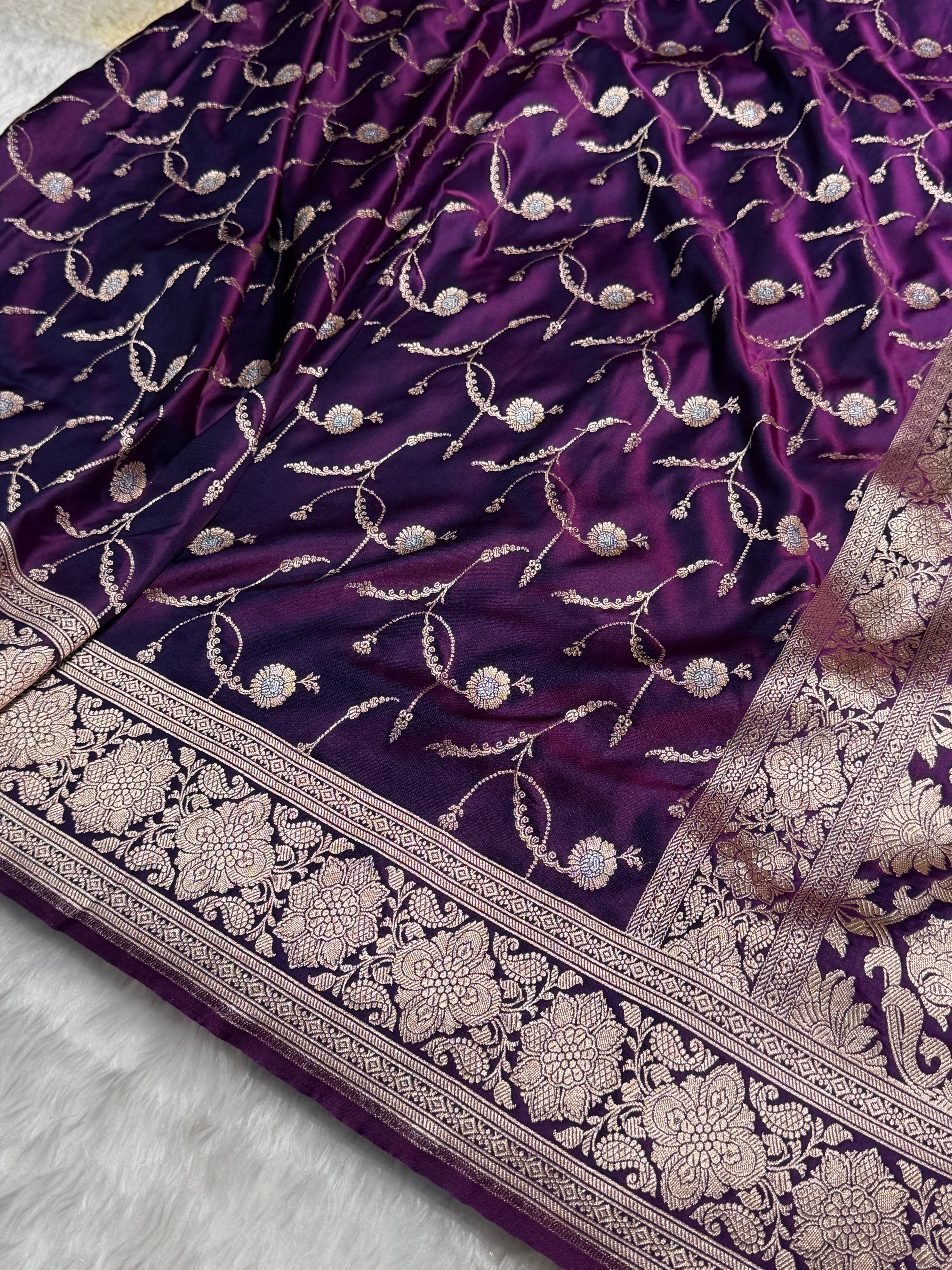 Wine Shades Banarasi Jaal Pattern Floral Minakari Mashru Silk Saree MSM-103