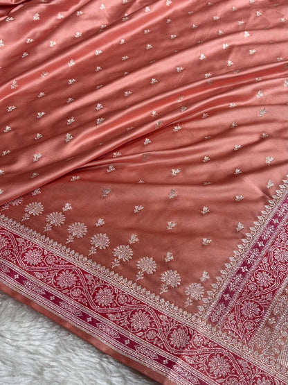 Banarasi Peach Shades Minakari Booti Mashru Silk Saree MCS72