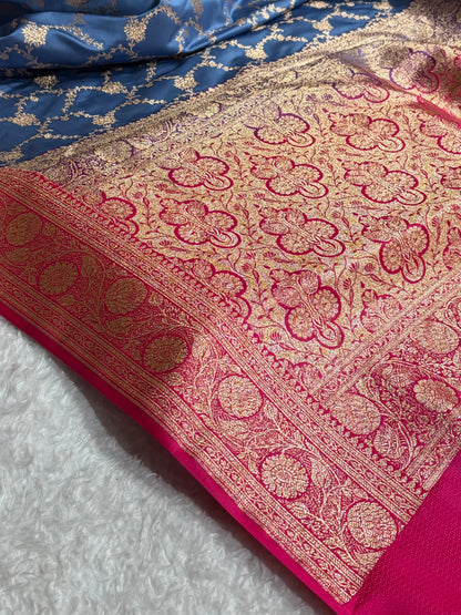 Banarasi Contrast Satin Katan Saree With Jaal Pattern in Grey With Rani Shades SK124